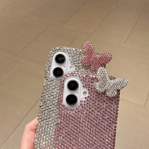 Macro detail of luxury 3D butterfly glitter rhinestones on protective hard phone case