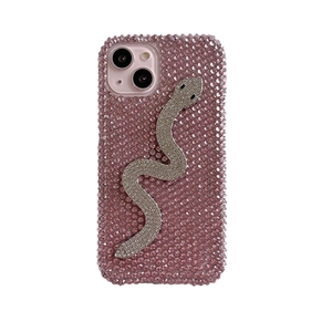 Pink rhinestone iPhone case featuring a luxury silver crystal snake design on white background