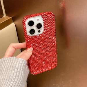 Detailed view of luxury red rhinestone phone case with full diamond coverage and camera protection