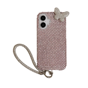 Pink rhinestone iPhone case with a 3D silver butterfly and sparkly wrist strap handle