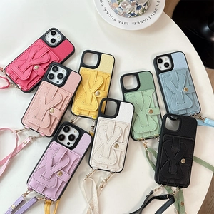 Crossbody Phone Case PU Leather Litchi Grain Wallet Card Holder Lanyard Strap Fashion Solid Color Smartphone Protector