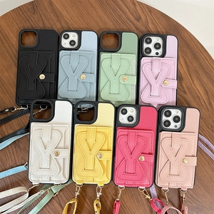 Litchi pattern PU leather iPhone case with Y-shape card slot and lanyard in 8 colors