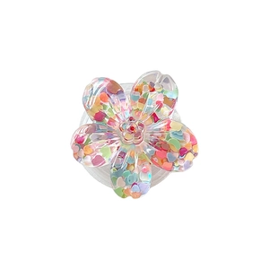 Flower-shaped phone socket grip with colorful heart sequins in transparent resin material