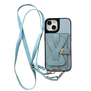 Light blue faux leather iPhone case with built-in card holder and crossbody strap