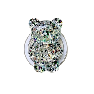 Sparkly glitter bear phone grip stand with colorful sequins and silver metal base