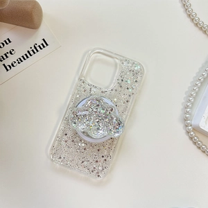 Sparkly glitter cloud phone grip on clear sequin case for smartphone stand