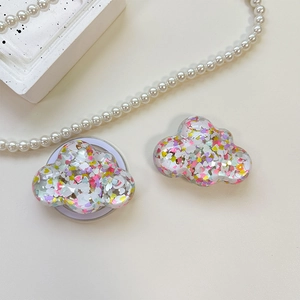 Cloud-shaped phone grip with colorful heart sequins and a 3D transparent resin finish