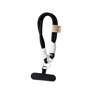Thick black braided phone wrist strap with white accents and metal ring connector