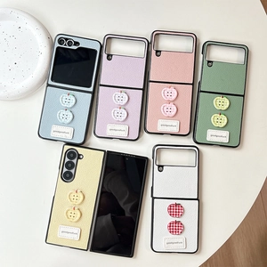 Foldable Phone Case Lychee Pattern Leather Cute Plaid Apple Buttons Decor Shockproof Protective Cover