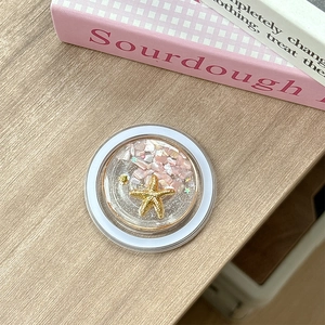 Detail of round phone socket with ocean starfish and shells on a wooden desk