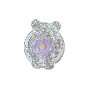 Support téléphone ours pailleté violet avec fleur et texte Gift For You sur blanc