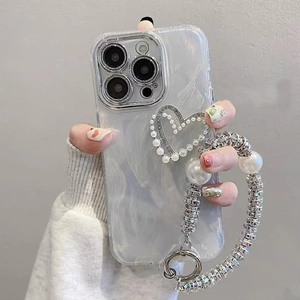 Luxury iPhone pearl heart case with sparkling diamond wrist strap for women