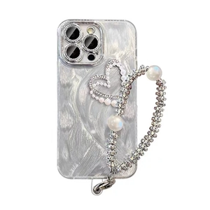 Silver pearl heart iPhone case with shimmering brushstroke texture and beaded wrist strap