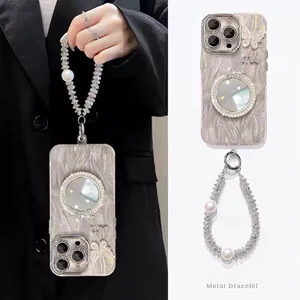Mirror phone case with pearl butterfly and silver fluid pattern for iPhone 16 Pro Max