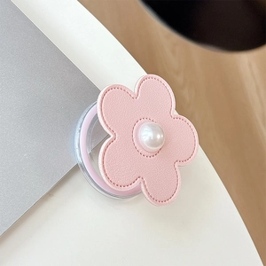 Close-up of pink faux leather flower phone grip with stitching and pearl center