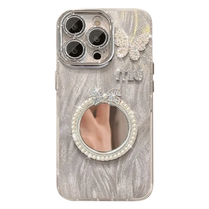 Sparkly silver phone case for iPhone with butterfly, mirror, and pearl chain strap