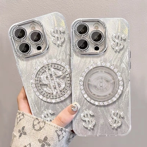 Coque De Smartphone De Luxe À Signe Dollar Rotatif En Strass Housse De Protection Pailletée Avec Künstliche Perle Et Charme En Alliage