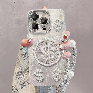 Coque iPhone à strass signe dollar avec chaîne luxueuse en perles et boules de cristal