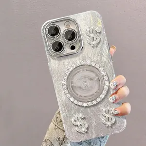 Coque iPhone 16 Pro rotative avec signe dollar en strass et texture argentée pailletée