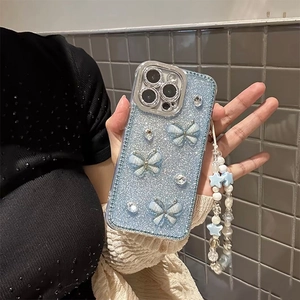 Glitter blue phone case with 3D butterflies and a stylish beaded star charm lanyard