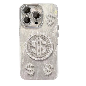 Coque iPhone strass signe dollar avec texture brossée argentée et support rotatif