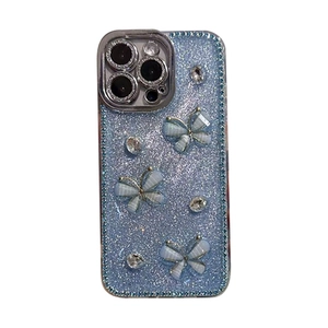 Glitter blue phone case with 3D ribbon bows and rhinestones for iPhone 16 Pro Max