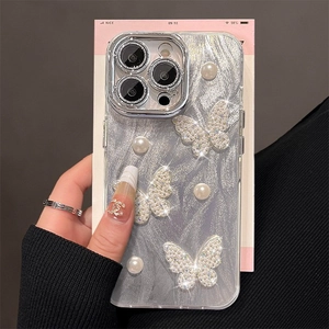 Silver grey iPhone case with 3D pearl butterfly and rhinestones luxury phone cover