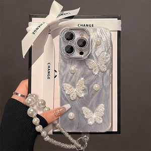 Luxury silver butterfly pearl phone case with wrist chain for iPhone 16 Pro and 15 Pro