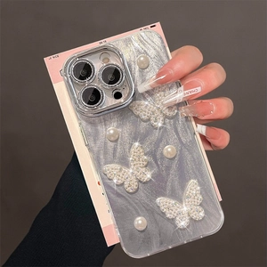 Silver-grey iPhone case with luxury 3D butterflies and elegant pearls on a fluid texture