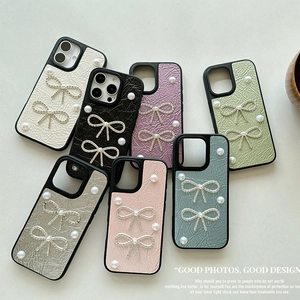 Leather texture iPhone cases with luxury pearl and rhinestone bowknot decoration in various colors