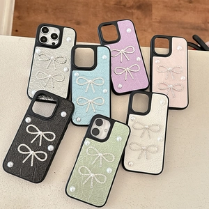 Luxe pleated leather iPhone case with rhinestone bows and pearls in seven colors