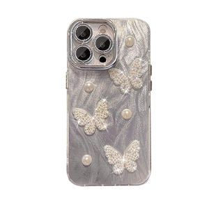 Silver-grey marble phone case for iPhone with pearl and sparkling butterfly charms
