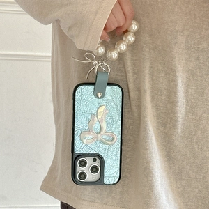 Close-up of light blue wrinkled leather iPhone case with large bow and pearl chain handle