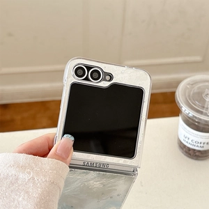 Silver pearlescent glitter case for Samsung Z Flip with star patterns and lens cutouts