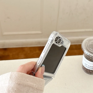 Glossy silver mirror case for Samsung Galaxy Z Flip showing hinge protection and metallic finish
