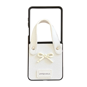 White leather bow folding case with wrist strap for Samsung Z Flip 6 smartphone