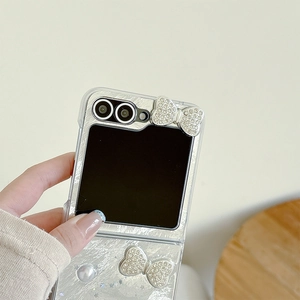 Silver folding phone case for Samsung Galaxy Z Flip with glitter, pearls, and rhinestones