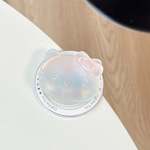 Holographic kitty phone grip with iridescent finish and engraved transparent base