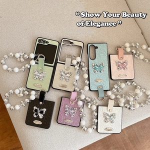 Rhinestone butterfly folding phone case with pearl chain strap in seven colors