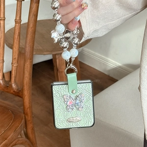 Green leather phone case for Samsung Z Flip6 with rhinestone butterfly and pearl chain