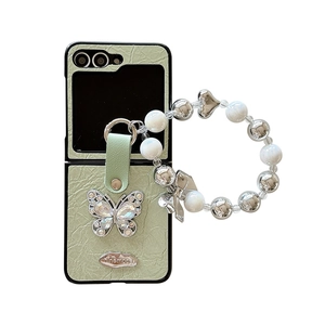 Light green leather texture folding case for Samsung Z Flip6 with rhinestone butterfly chain