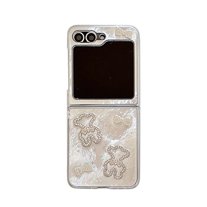 Sparkling silver glitter phone case for Samsung Z Flip with rhinestone bear and bow charms