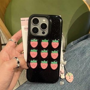 Black 3D strawberry iPhone 16 Pro Max case with glitter and cute charm pendant