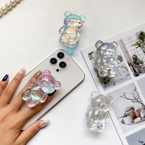 Chic laser silver bear phone grip stand with colorful glitter resin aesthetic