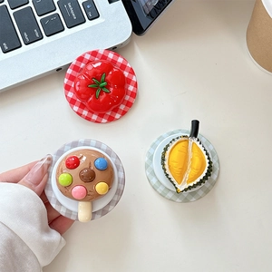Cute tomato, cookie and durian 3D food phone grips on mini plates tabletop accessory
