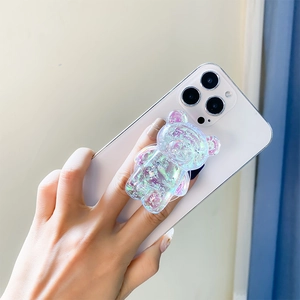 Close-up of laser silver bear phone grip with holographic glitter on a smartphone