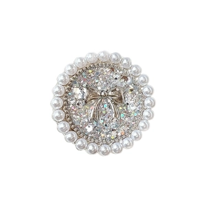 Round pearl phone grip holder with silver bowknot and sparkling glitter crystals