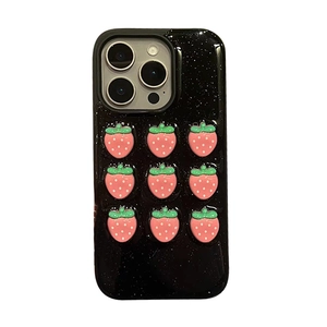 Sparkly black iPhone case with 3D pink strawberry charms for Pro Max models