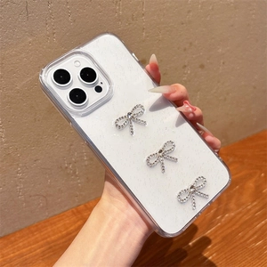 Glittering white iPhone case with three 3D bows and sparkling rhinestones for women