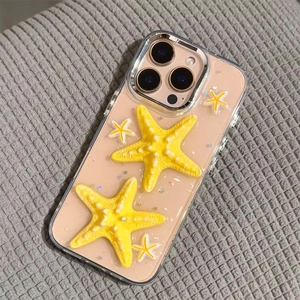 Protective Smartphone Case With 3D Resin Starfish Star Sequins Glitter Electroplated Frame Summer Ocean Style For Women